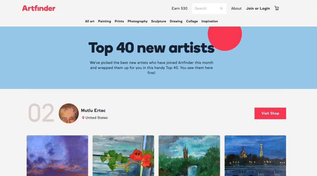 Artfinder Top 40 new artists, with Mutlu Ertaç listed second.