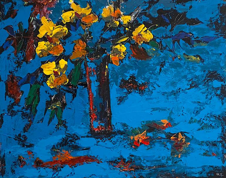 Yellow and Orange Flowers on Dark Blue Background, Acrylic on Canvas