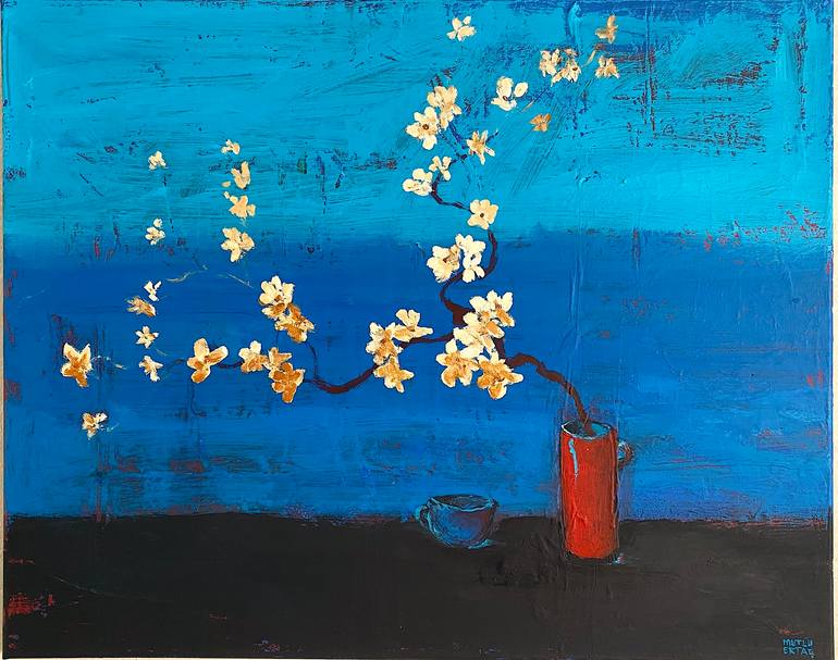 Almond Blossom in Red Vase, Acrylic on Canvas