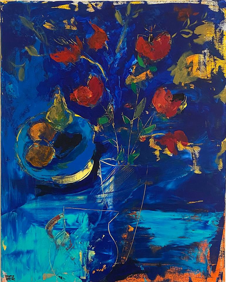 Vase of Flowers, Pitcher and Plate of Fruits, Acrylic on Canvas