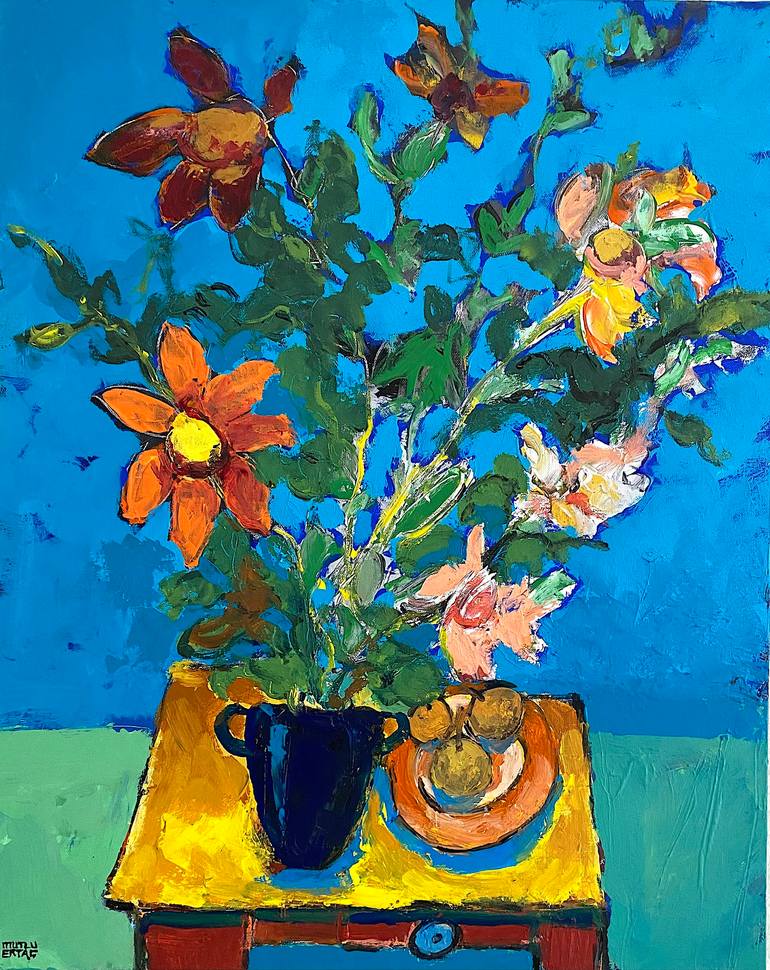 Flowers on Yellow Table with Blue Background., Acrylic on Canvas