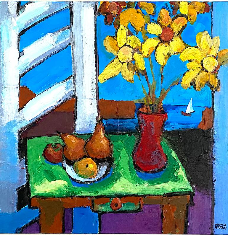 Flowers in Vase looking at Harbor, Acrylic on Canvas