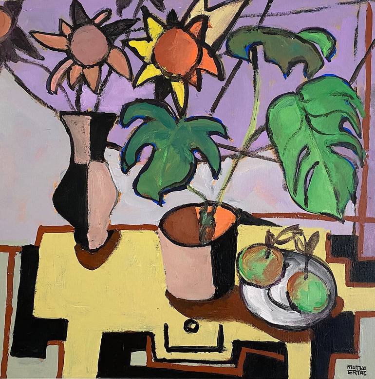Plants and Fruits on Yellow Table, Acrylic on Canvas