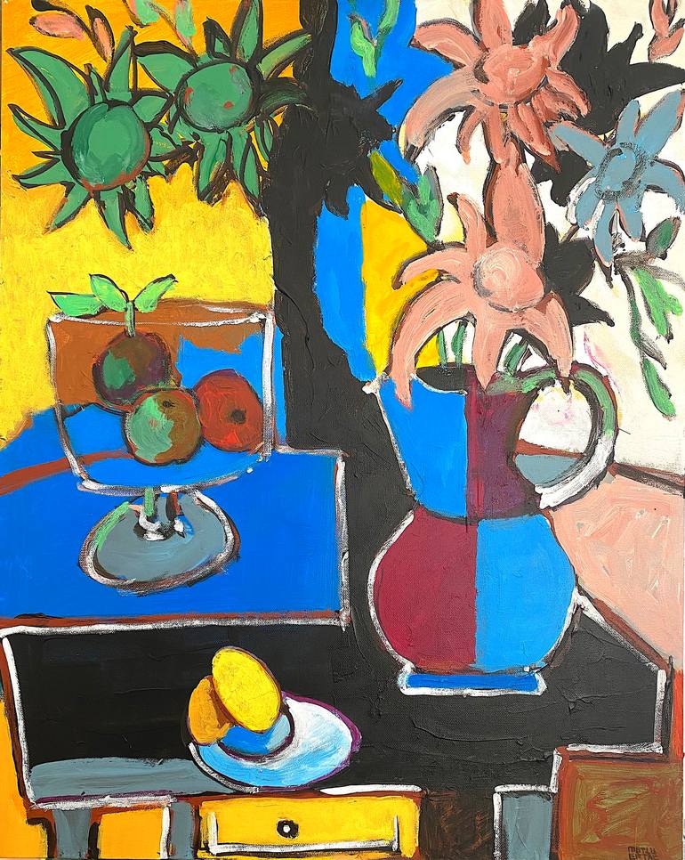 Flowers and Fruit Bowl on Table II, Acrylic on Canvas