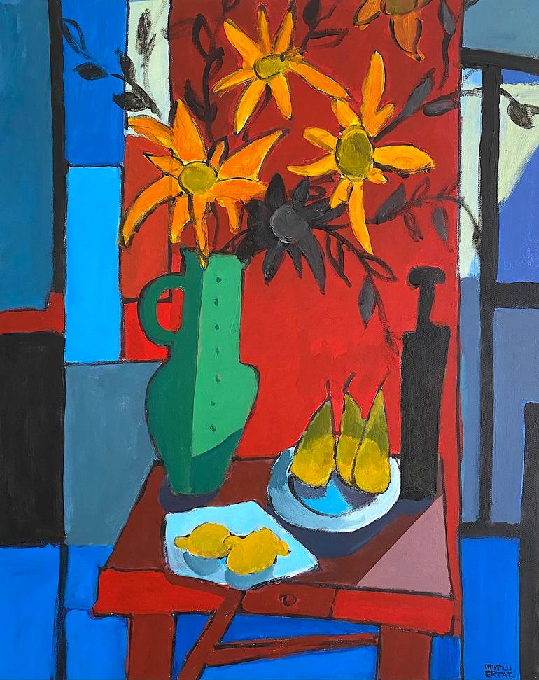 Green Vase on Red Table with Fruits., Acrylic on Canvas