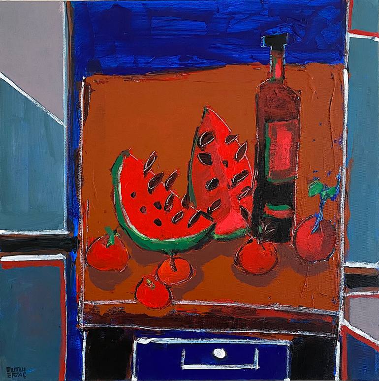 Fruits on Red Table., Acrylic on Canvas