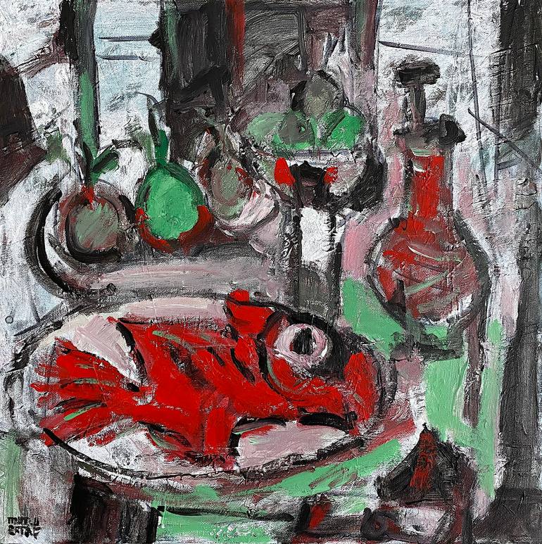 "Red Fish On Table" After Venard., Acrylic on Canvas