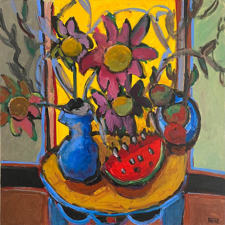Vase of Flowers, Watermelon, and Fruits on Yellow Table, Acrylic on Canvas