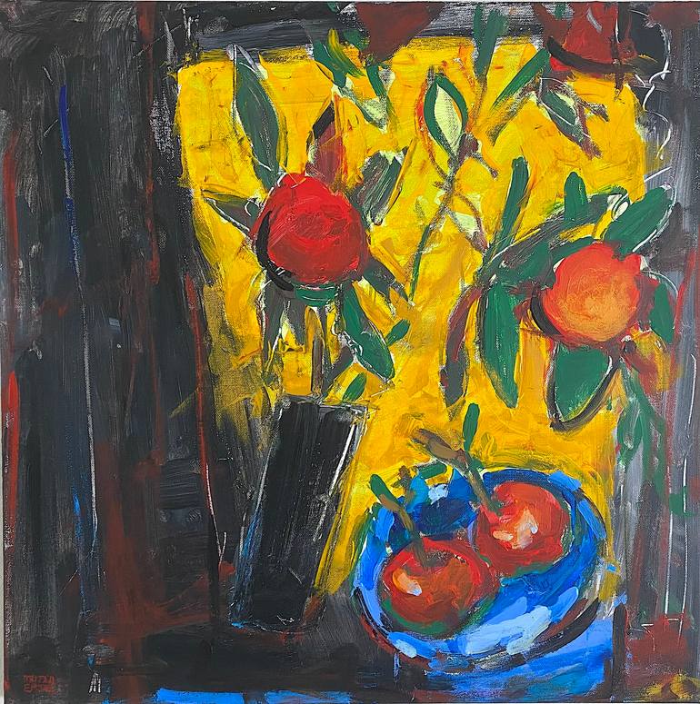 Flowers and Fruits on Yellow Background, Acrylic on Canvas
