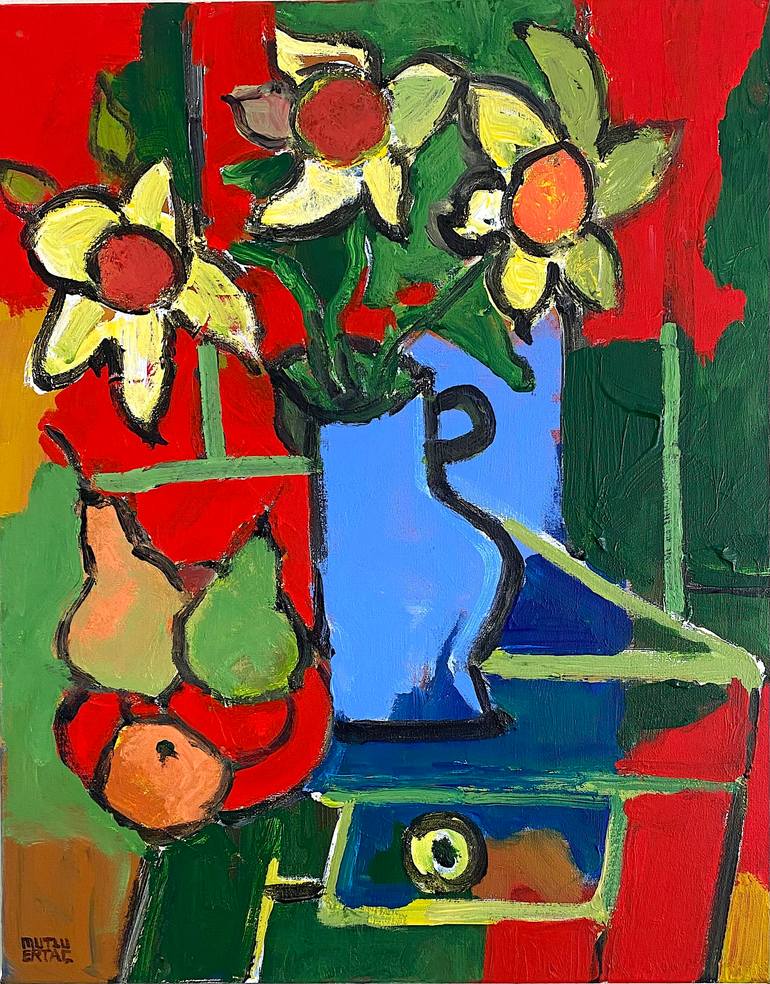 Blue Vase with Flowers and Fruits on Plate., Acrylic on Canvas