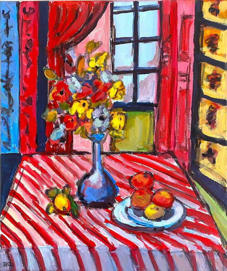 Flowers and Fruits on Plate by the Window, Acrylic on Canvas