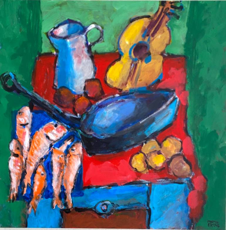 Still Life with Fish and Guitar, Acrylic on Canvas