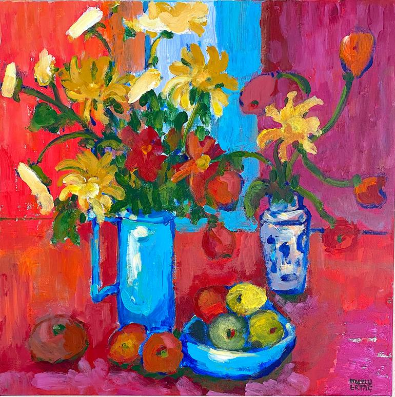 Flowers in Blue Vases on Red Table, Acrylic on Canvas