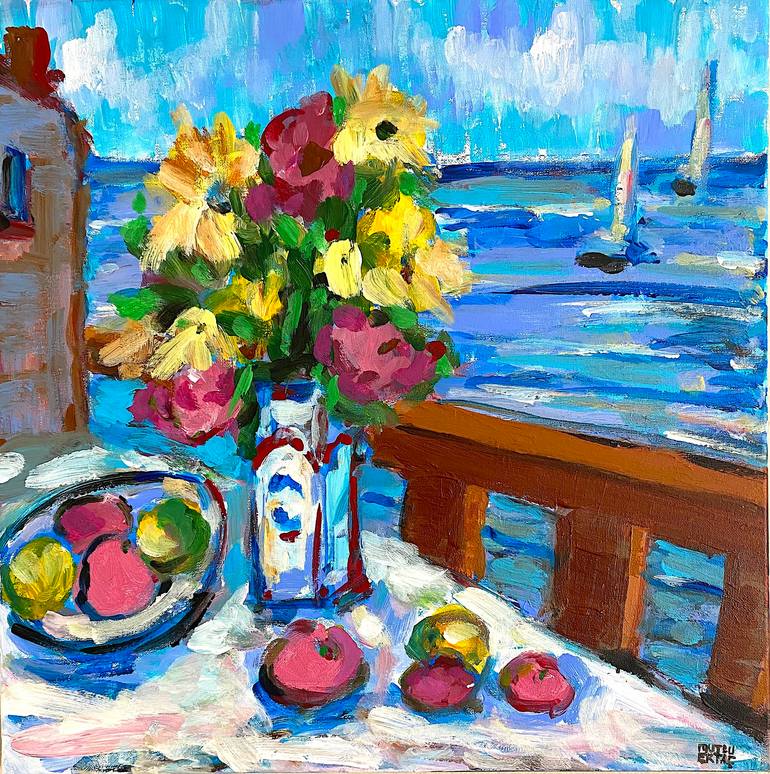 Flowers and Fruits on Table by Water, Acrylic on Canvas