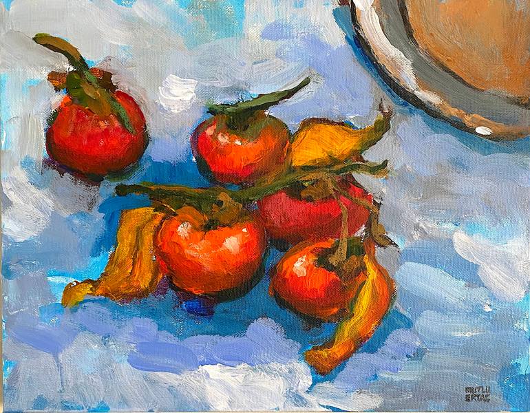 Persimmons on Table., Acrylic on Canvas