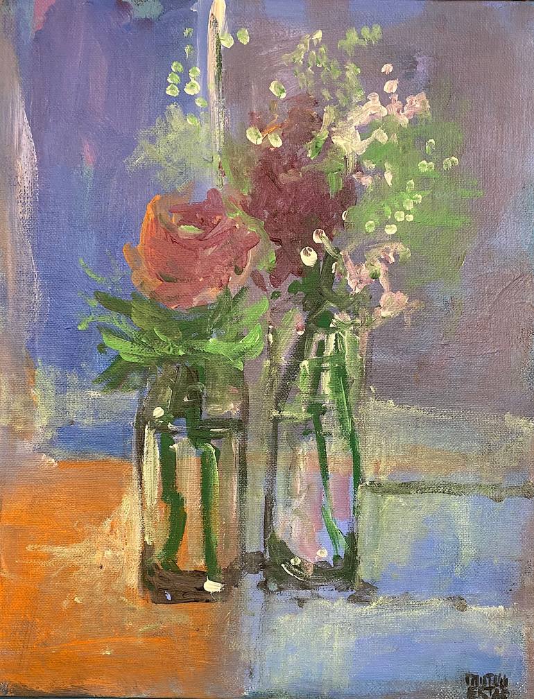 Flowers in Small Vases., Acrylic on Canvas