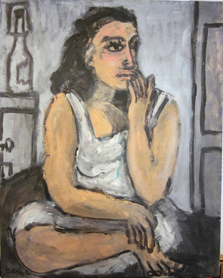 Frigtened Woman after Max Beckmann, Acrylic and Ink on Canvas