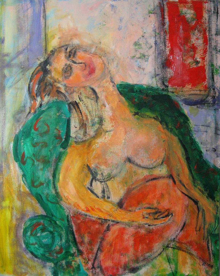Seated Woman in Green Chair, Acrylic and Ink on Canvas