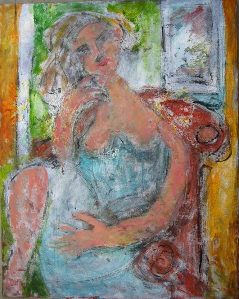 Woman in Red Chair, Acrylic and Ink on Canvas