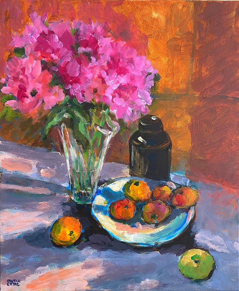 Peonies and Plate of Fruits, Acrylic on Canvas
