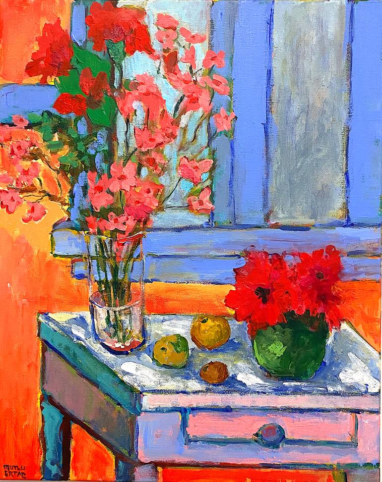 Still Life with Red and Pink Flowers, Acrylic on Canvas