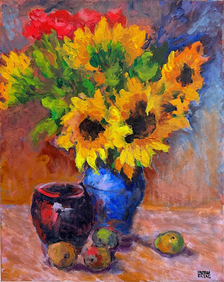 Sunflowers and Fruit., Acrylic on Canvas