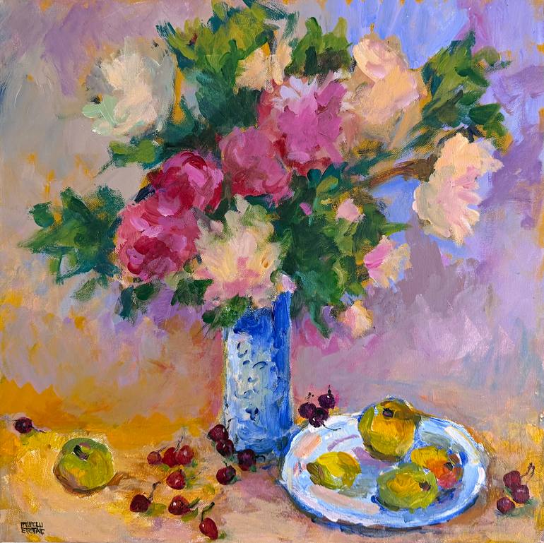 Flowers and Fruits on Table., Acrylic on Canvas