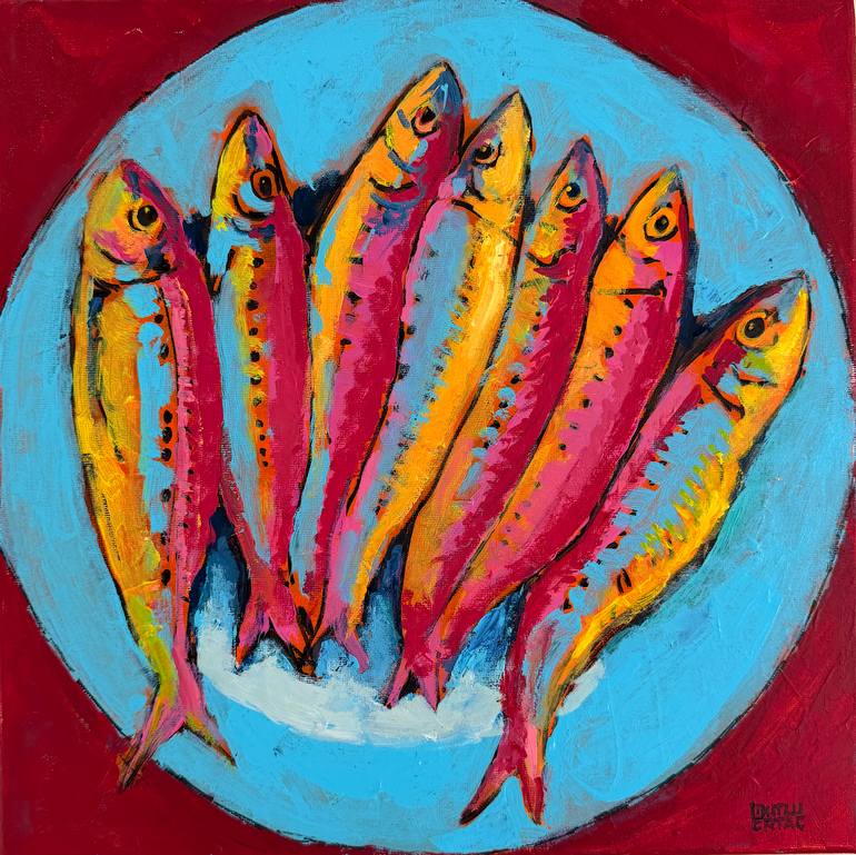 Sardines on Blue, Acrylic on Canvas