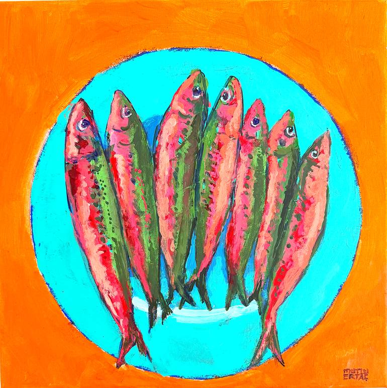 Sardines on Aqua, Acrylic on Canvas