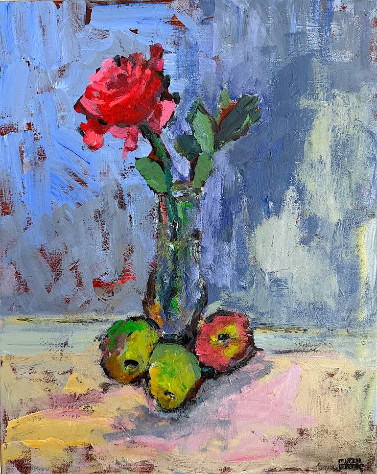 Still Life with Red Rose , Vase, and Fruit., Acrylic on Canvas