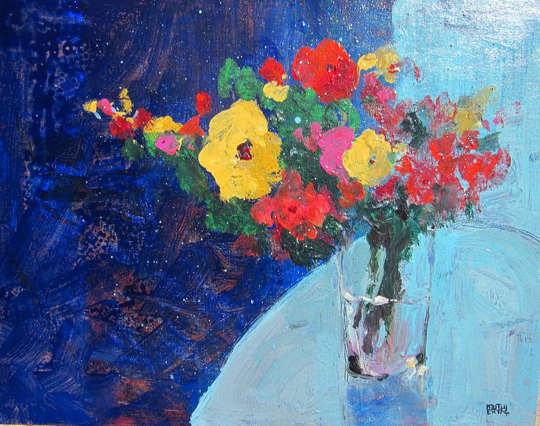 Flowers on blue background II, Acrylic on Canvas