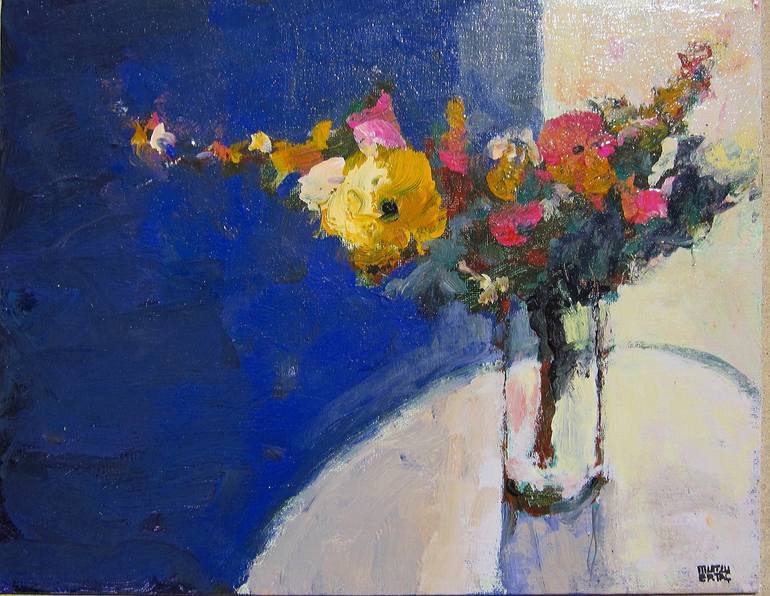 Flowers on Blue Background, Acrylic on Canvas
