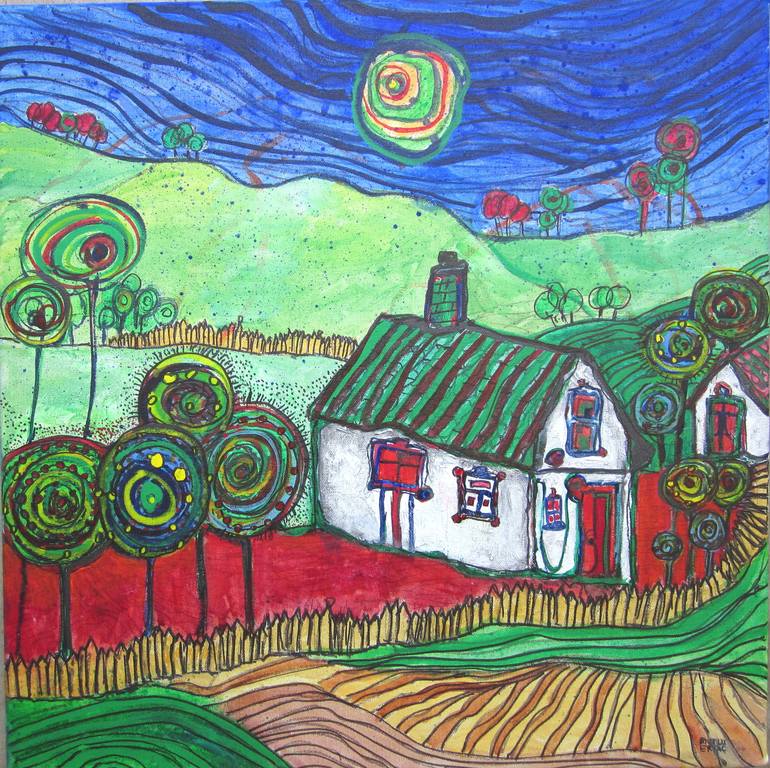 Van Gogh 's Cottages, Acrylic and Ink on Canvas