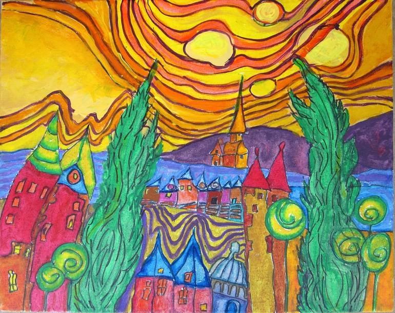 Town Far Away, Acrylic and Ink on Canvas