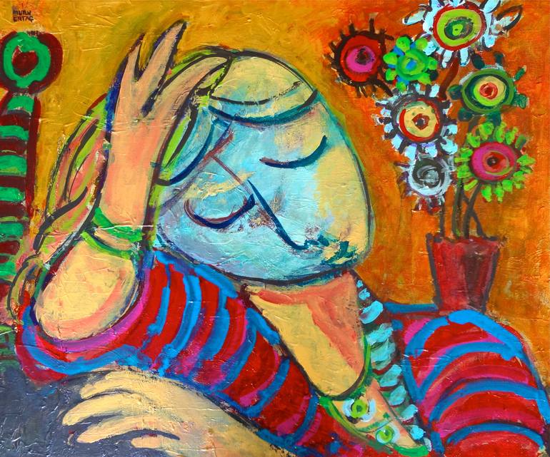 Woman with Flowers, Acrylic on Canvas