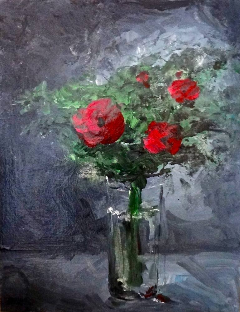 Red Flowers on Dark Background, Acrylic on Canvas