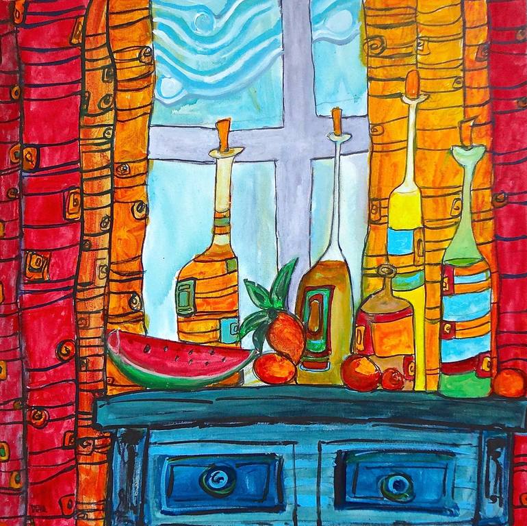 Bottles on Table, Acrylic on Canvas