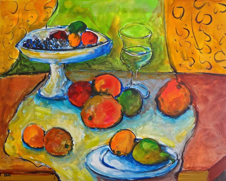 Still Life with Fruit Dish After Cezanne, Acrylic and Ink on Canvas