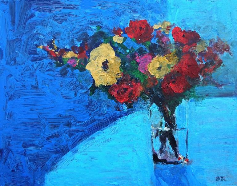 Flowers on Blue Background III, Acrylic on Other