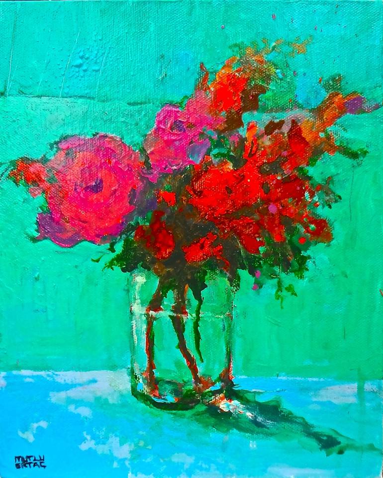 Flowers on Green Background, Acrylic on Canvas