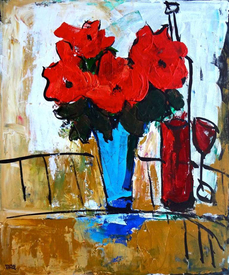 Red Flowers in Blue Vase, Acrylic and Ink on Canvas
