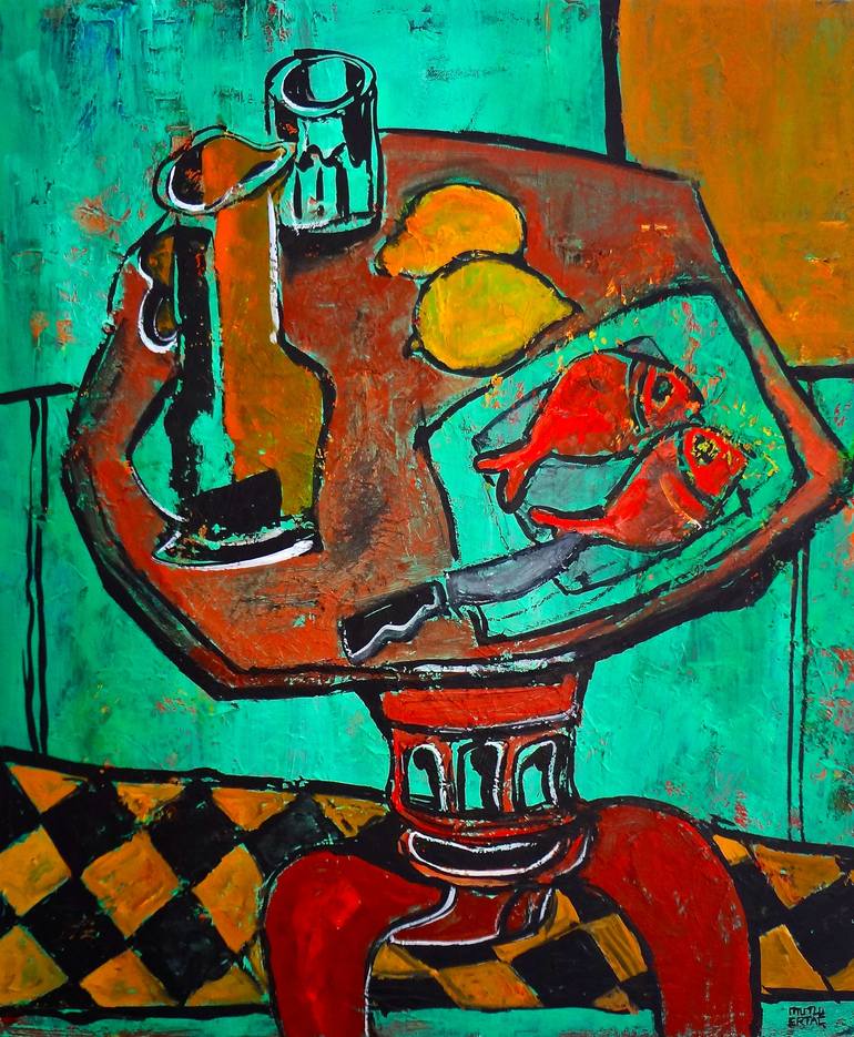 Two Red Snappers and Lemons, Acrylic on Canvas