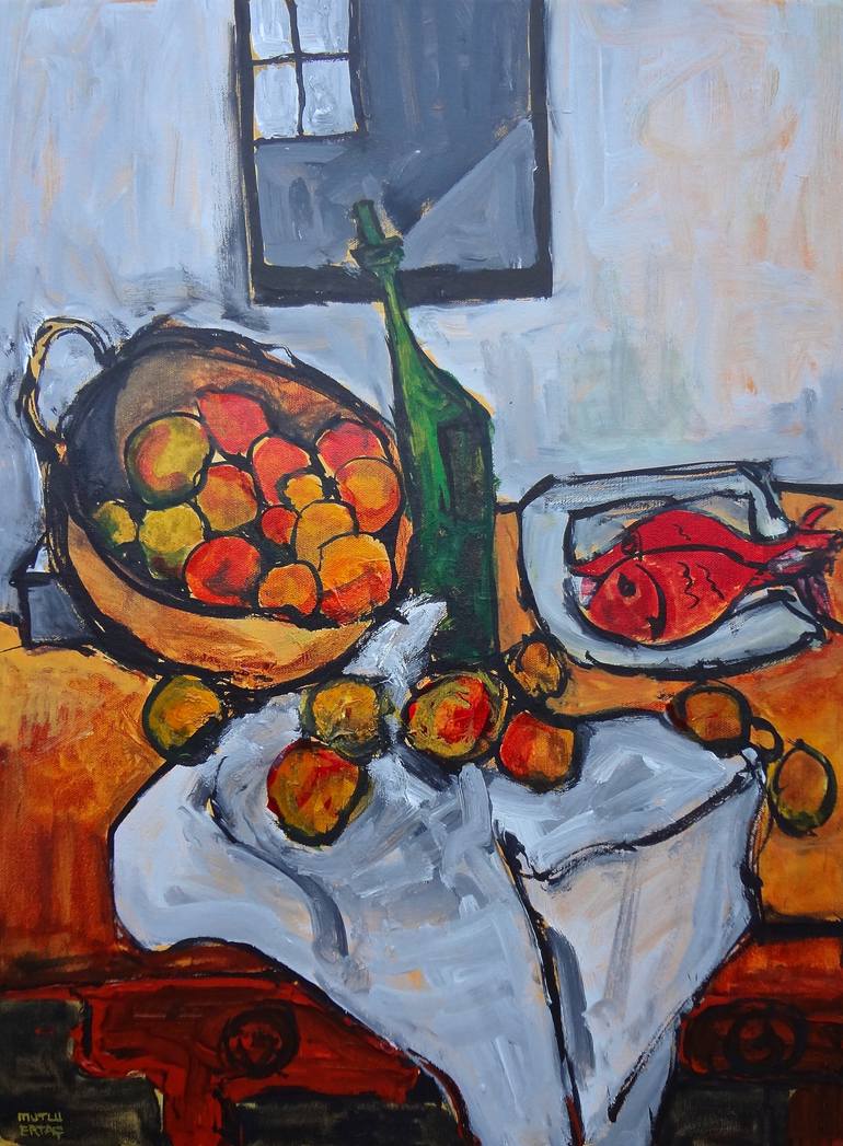 Fruit Basket on Table, Acrylic and Ink on Canvas