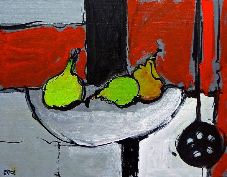 Three Pears, Acrylic and Ink on Canvas and Other