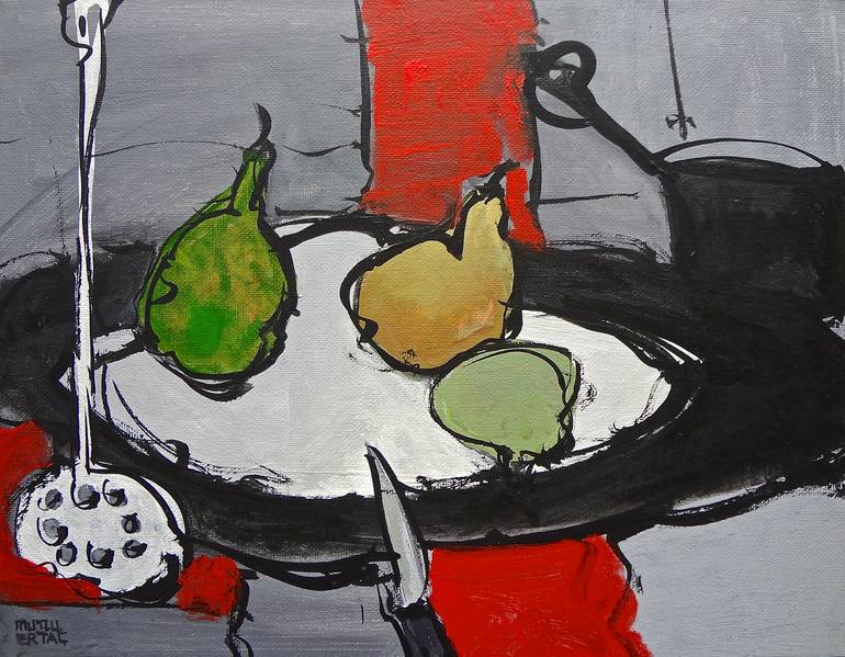 Pears on Table, Acrylic and Ink on Canvas