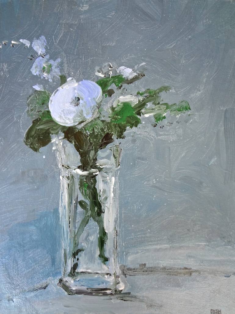Flowers on Blue/Gray Background, Acrylic and Ink on Canvas