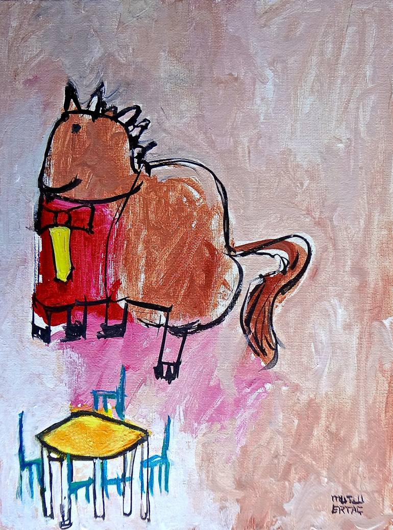 Horse with yellow Tie, Acrylic and Ink on Canvas