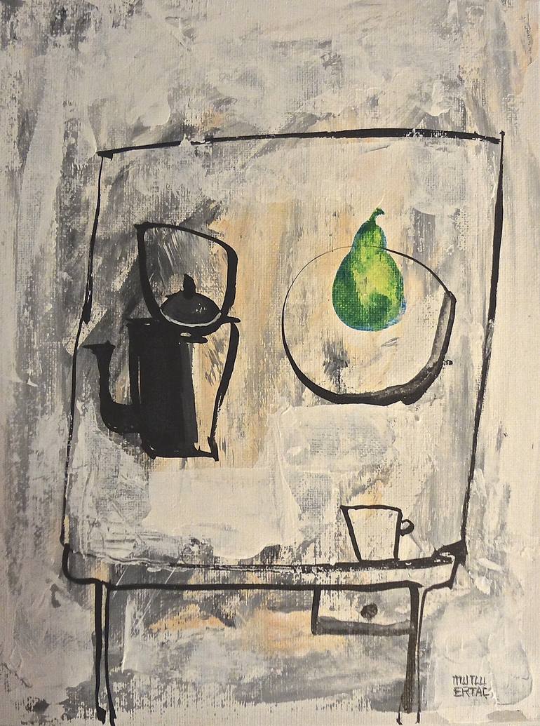 Tea Kettle and a Pear, Acrylic and Ink on Canvas