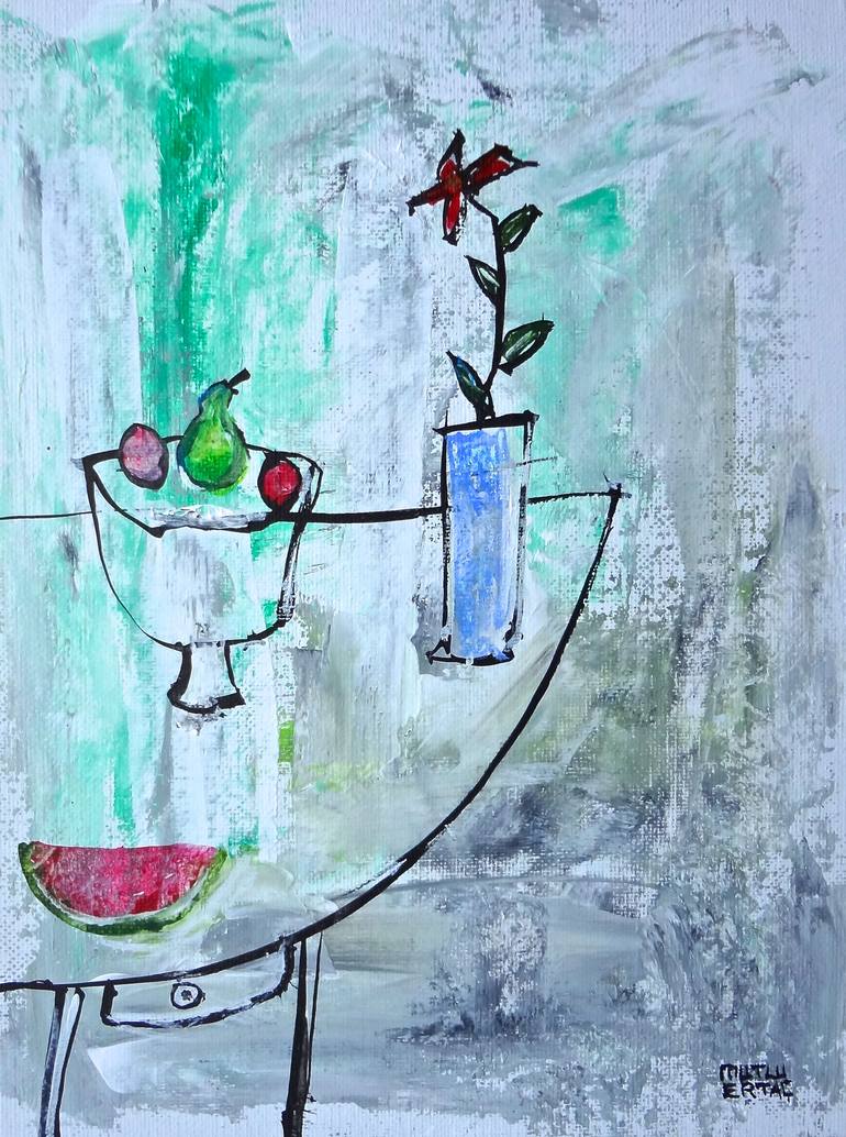 Fruits and Flower on Table, Acrylic and Ink on Canvas