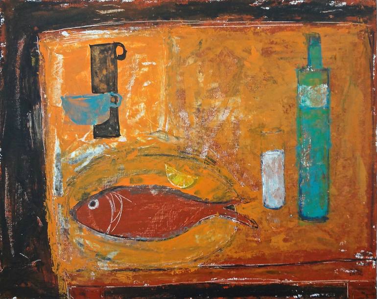 Green Bottle on Table, Acrylic and Ink on Canvas
